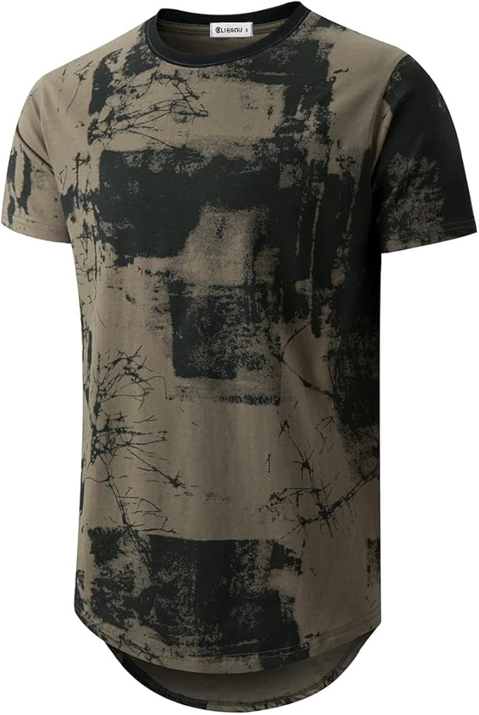 KLIEGOU Mens Hipster Hip Hop Ripped Round Hemline Pattern Print T Shirt