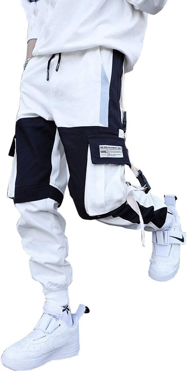 Astellarie Mens Punk Cargo Pants Hip-hop Jogger Patchwork Popular Baggy Teachwear Pants