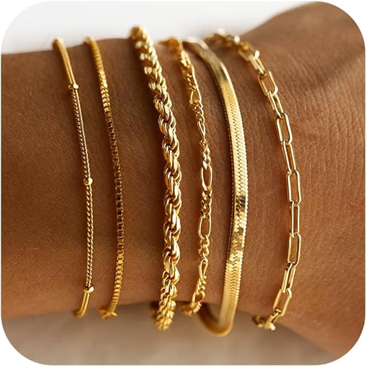 DEARMAY Gold Bracelets for Women Waterproof, 14K Real Gold Jewelry Sets for Women Trendy Thin Dainty Stackable Cuban Link Paperclip Chain Bracelet Pack Fashion Accessories Gifts for Womens